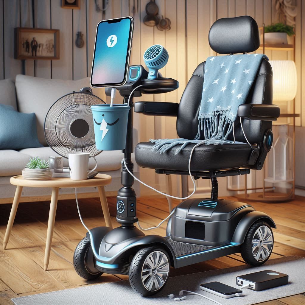 A mobility scooter with a charger, cupholder, and a fan