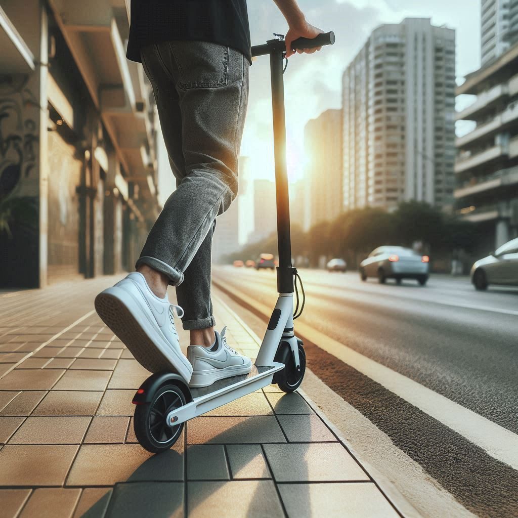 A person riding an electric scooter on a sidewalk