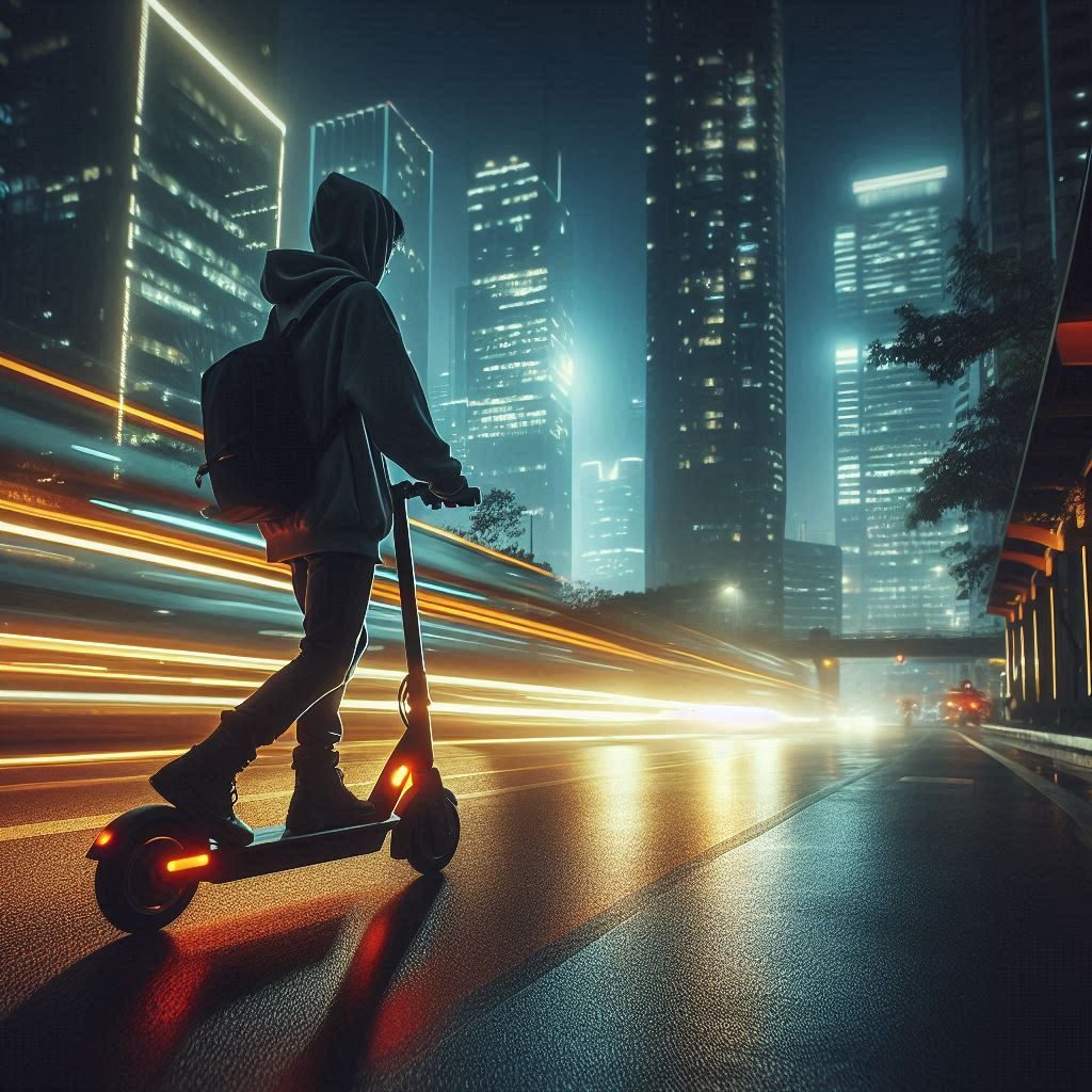 A person riding an electric scooter at night