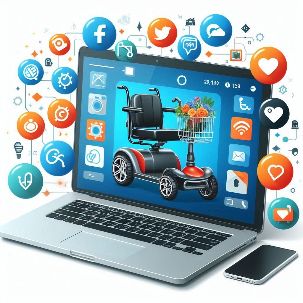A laptop displaying a mobility scooter and social media icons