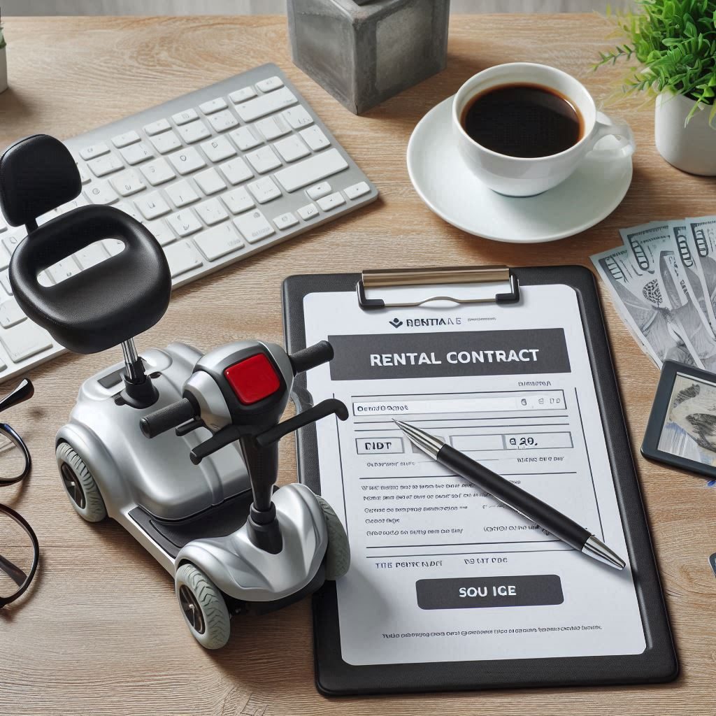 A rental contract next to a keyboard and cup of coffee