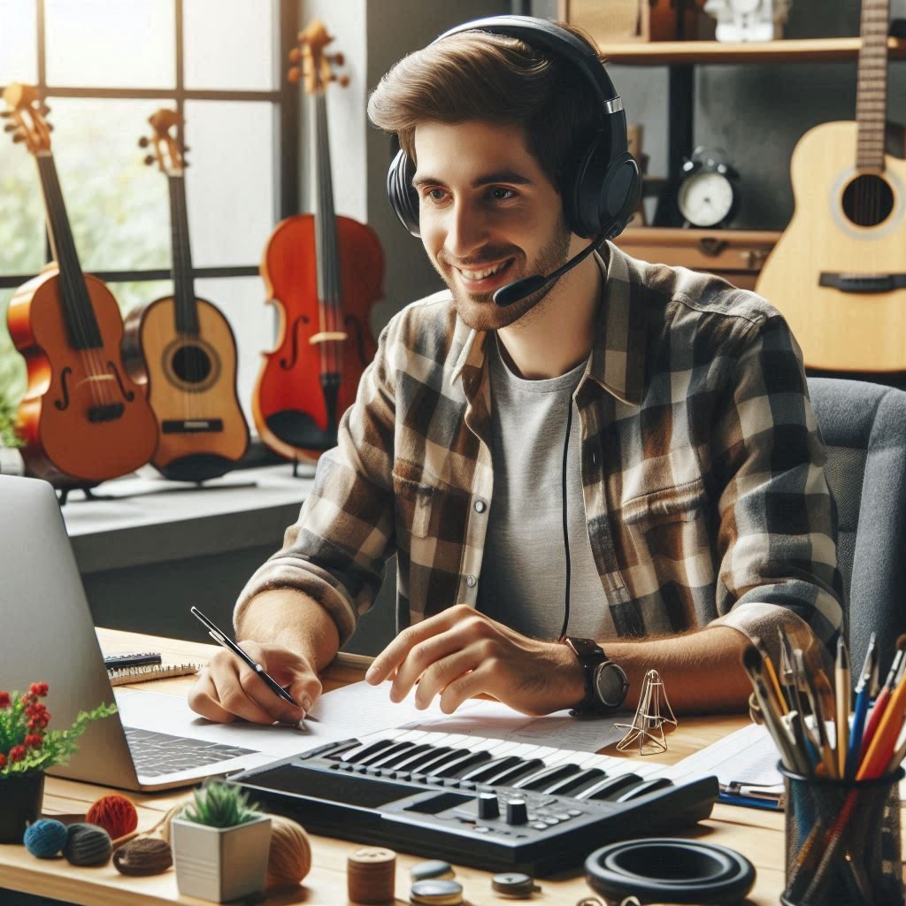 A customer representative smiling in front of a laptop