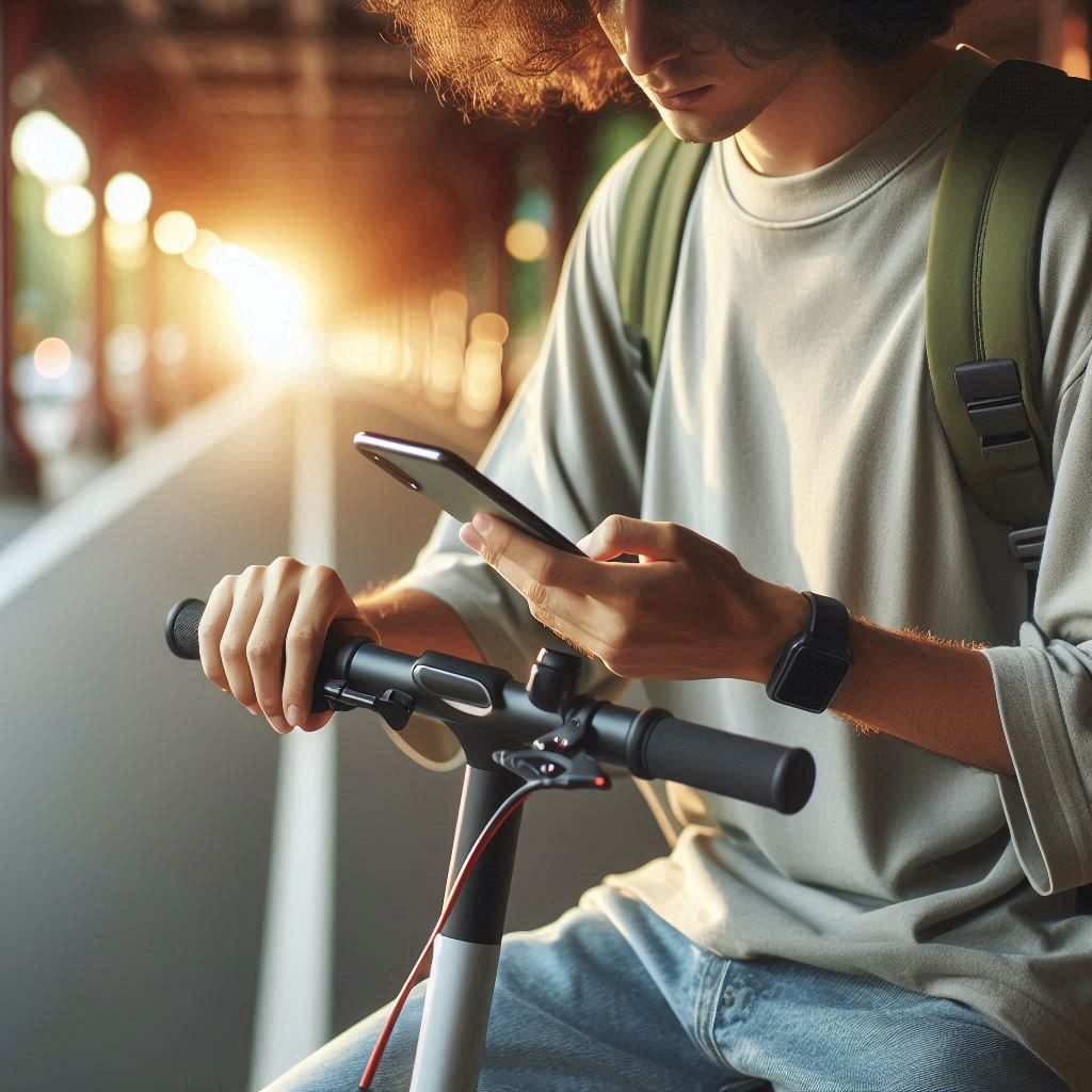 A person using a cellphone on an escooter