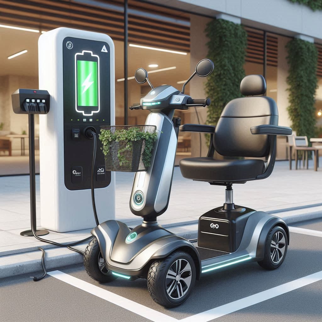 A mobility scooter parked next to a charger