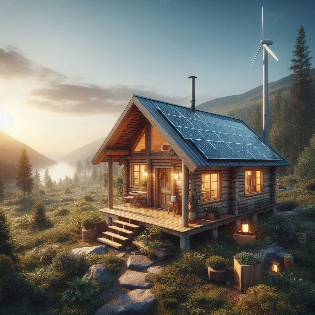 Off-grid cabin with solar panels and wind tribune