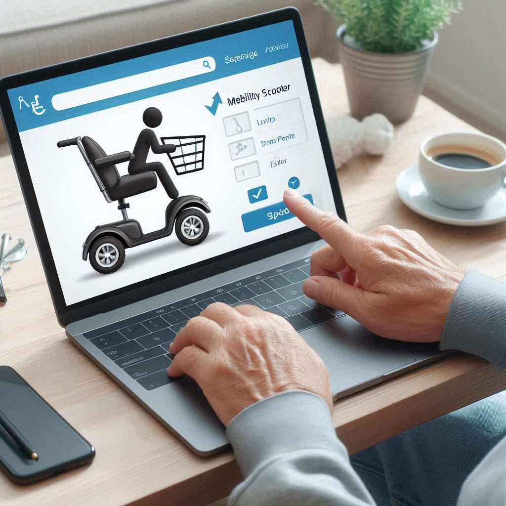 A person is booking a mobility scooter on a laptop