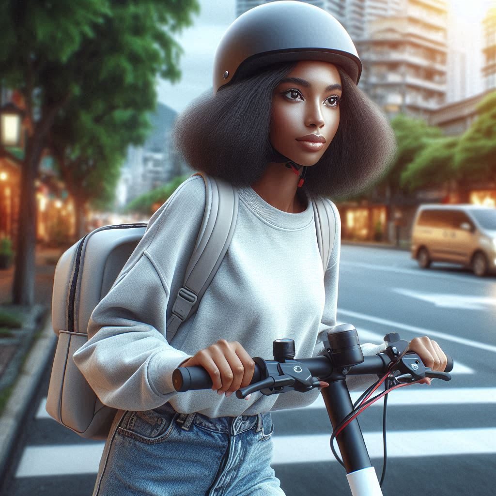 A girl with a helmet riding an electric scooter