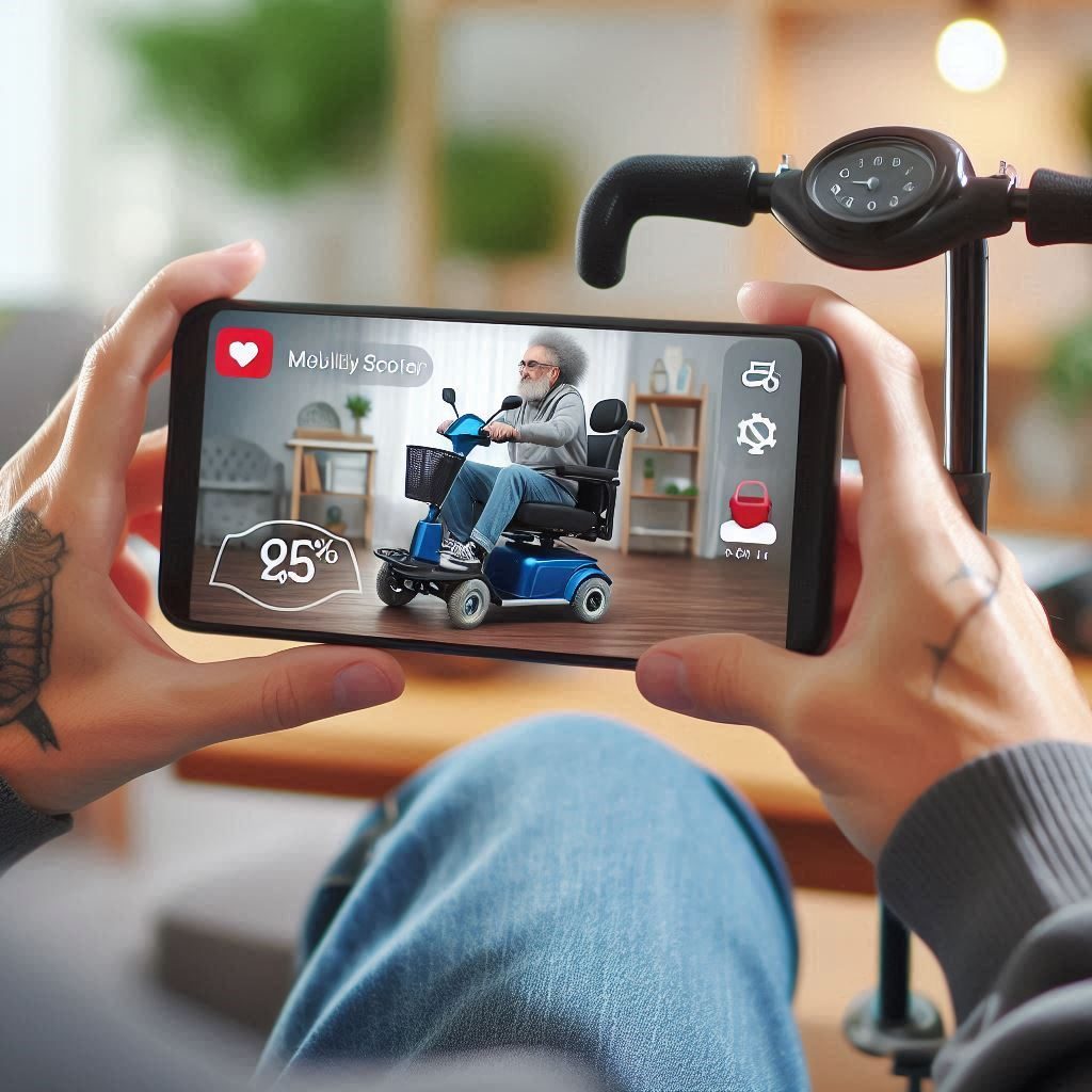 A person is watching a video about a mobility scooter on a phone