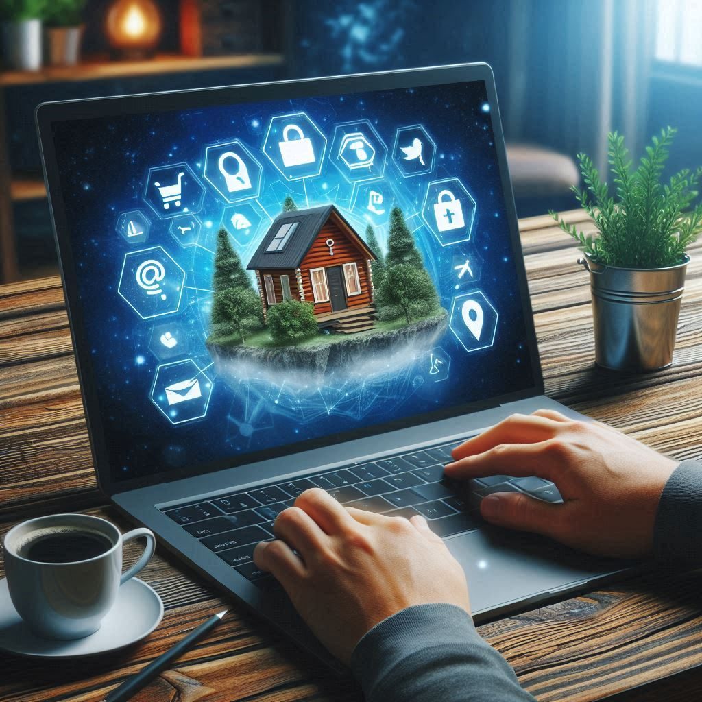 A man is working on a laptop that is displaying a cabin