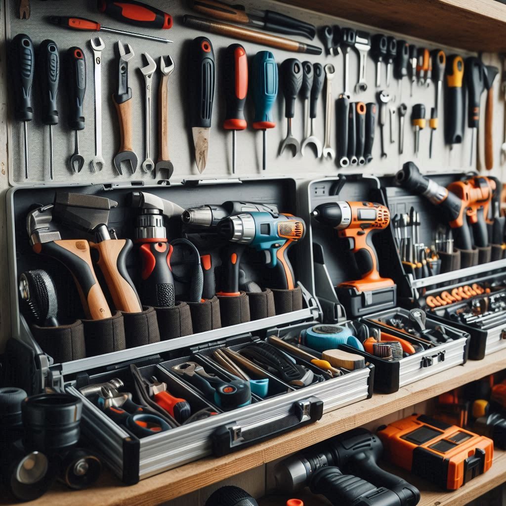 Tools neatly organized on a shelf