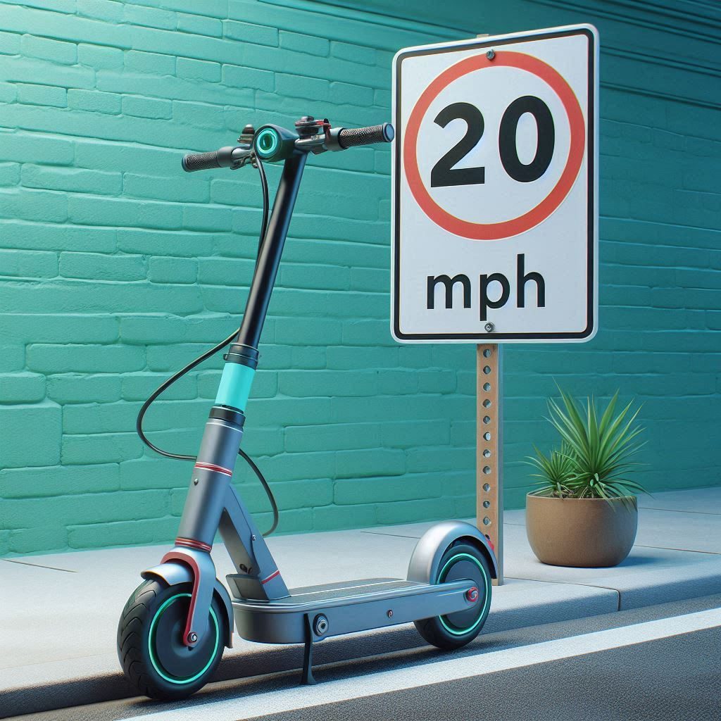 An electric scooter with a speed limit sign