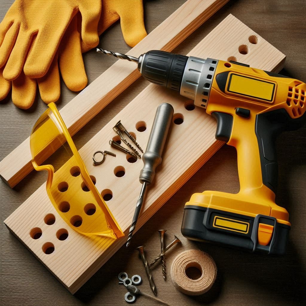 electric drill with glasses and gloves