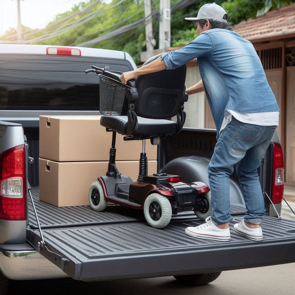 A person is loading a mobility scooter to the back of a pickup truck