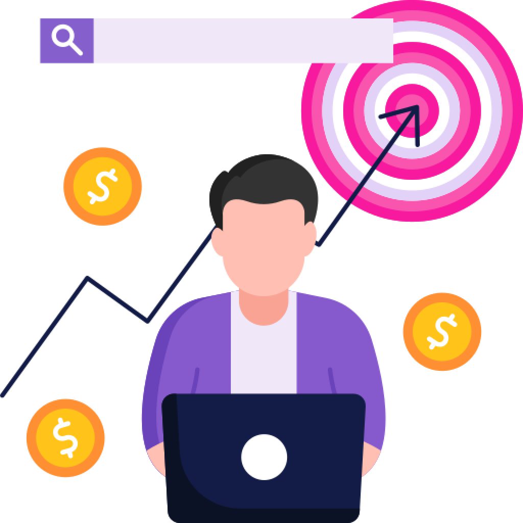 a man with a laptop, a target and dollar sign