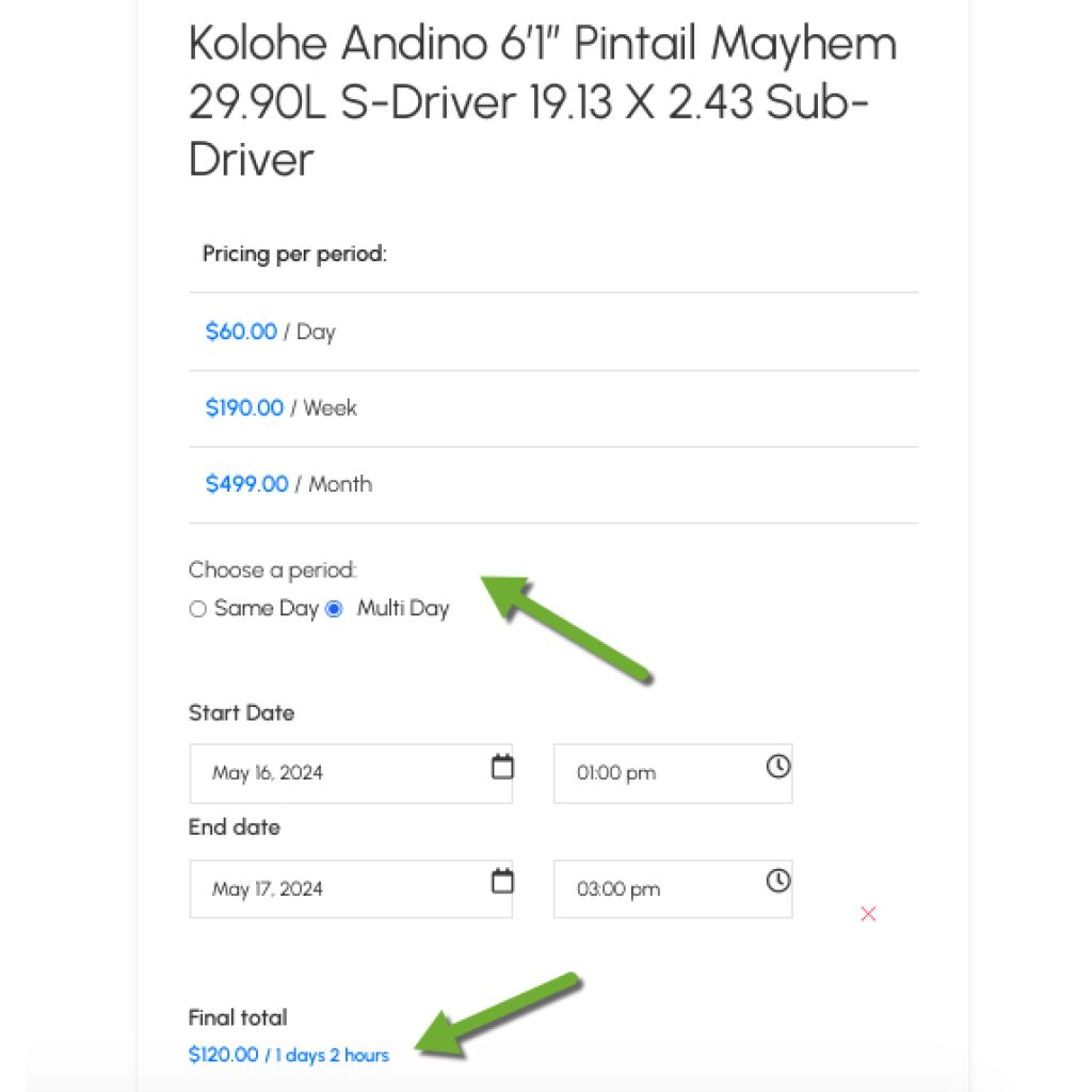 quoting system for surfing gear rentals